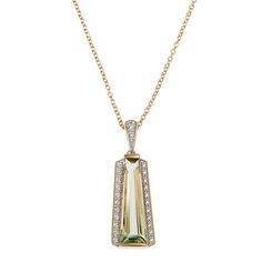 Colleen Lopez Tapered Baguette Gemstone Art Deco Pendant with Chain  Indulge in the decadence of Art Deco-inspired design with this tapered baguette gemstone pendant.       Pendant approx. 1-3/16"L x 3/8"W     Chain approx. 18"L with 2" extender     Stamped .925 sterling silver; gold (Prasiolite) or rose gold (Pink Amethyst) plating, rhodium accenting     Cable chain with lobster-claw clasp   Stone Information       All sizes and weights approximate     Total Carat Weight: 3.52ct (Pink Amethyst) Elegant Rectangular Gemstone Accent Necklaces, Elegant Rectangular Necklaces With Gemstone Accents, Baguette Gemstone, Gemstone Art, Art Deco Pendant, Color Bands, Rose Gold Pink, Pendant With Chain, Pink Amethyst