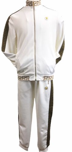 Sleek 2 piece Greek Key design tracksuit. Perfect for an evening out or for chilling at home. Color: white and gold White Athleisure Tracksuit For Leisure, Casual White Tracksuit For Leisure, White Athleisure Loungewear Sets, White Fitted Sets For Loungewear, White Leisure Athleisure Tracksuit, White Fitted Casual Tracksuit, White Long Sleeve Tracksuit For Leisure, Fitted White Athleisure Set, White Long Sleeve Athleisure Sets