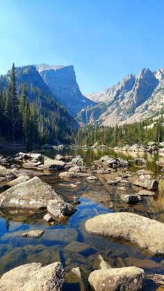 there are many rocks in the water and trees on the side of the mountain range