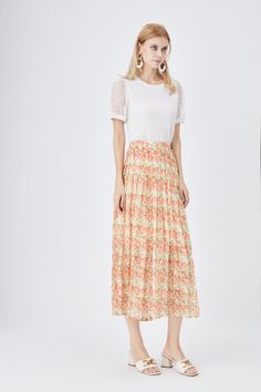 Style: Elegant,Boho & Vacation Fit: Loose Fabric: Lyocell Pattern: Floral Element: Non Dress/Skirt Length: Midi Rise: High Rise Product Type: Pleated,A Line Main Composition: Lyocell Season: Summer