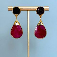 Ready To Party! Brand New Drop Earrings With 18-Kt Gold Plate, With Two Stunning Stones - Strawberry Quartz On The Bottom And Deep Purple Drusy On Top. Earring Back Included. Multiple Color Options. - 18-Kt Gold Plate - Strawberry Quartz And Purple Drusy - 1.75”L - New, One Of A Kind -Nwt - Designer: Janna Conner - Made In La Fine Jewelry Teardrop Earrings For Party, Party Red Gemstone Earrings, Luxury Gemstone Earrings For Party, Ruby Fine Jewelry Earrings For Party, Teardrop Earrings For Valentine's Day Party, Fine Ruby Earrings For Parties, Party Gemstone Drop Earrings, Gemstone Drop Earrings For Party, Luxury Red Earrings For Party