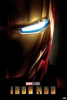 the poster for iron man is shown in black and gold with blue light coming from its eyes