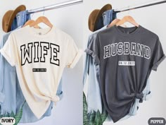 "Customized Husband and Wife Shirt, Wedding Party Shirts, Matching Couple Honeymoon Shirt, Engagement Gift, Wedding Gift, Wife Husband Shirt, Comfort Color Shirt, Bridal Shower Gifts ✧ WHY  YOU'LL  LOVE IT ✧  ⋒ Comfort Colors® tees are garment-dyed shirts that are timeless classics and will never pile.  ⋒ Trendy retro vintage look and gorgeous colors.  ⋒ Amazingly soft and comfy. Perfect with any shorts, skirts, jeans, leggings, or nothing but undies around the house. ⋒ Created with quality in m Married Shirt Ideas, Wife Tshirt Ideas, Wedding Tshirts Ideas, Honeymoon Shirt Ideas, Shirt Ideas For Couples, Matching Shirts For Couples, Husband And Wife Shirts, Couple Honeymoon, Custom Engagement Gifts