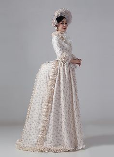 19th Century Champagne Victorian Bustle Gown Lolita Maid Dress Color:Champagne Floral  Material: This dress made of High Quality Satin, soft,smooth and comfortable to wear  Sleeve Length:  Three-quarter Sleeve  Dresses Length:Floor Length  Neckline:  V-Neck  Decoration: Ruffles + Lace  Package Includes:  Dress + Hat   The length of skirt about 45 inches (114 cm) long from waist to hem regardless of size. This dress is pictured with a 6-hoop skirt Petticoat underneath to achieve the look. Pe Edwardian Masquerade, Masquerade Party Dresses, Bustle Dresses, Gothic Victorian Dresses, Victorian Ball, Victorian Bustle, Three Quarter Sleeve Dresses, Bustle Dress, Hoop Skirt