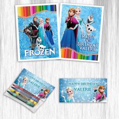 two frozen birthday cards with pencils and crayons