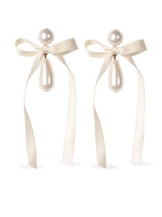 cream white/gold-tone brass 18kt gold plated drop design faux-pearl detailing silk bow detailing post-back fastening for pierced ears These earrings come as a pair. We've partnered with Good On You — an independent agency that rates how brands perform in relation to their impact on the planet, people and animals, with a multi-criteria rating simplified to a five points scale. In order to be awarded our conscious label, larger brands need to score a minimum of four out of five ('Good'), while smaller brands must score at least three out of five ('It's A Start'). This item comes from a brand rated three out of five ('It's A Start') by Good on You at the time it was added on FARFETCH. Please note, this is a brand-level rating and does not guarantee that this product is made with conscious mat Wedding Event Outfits, Faerie Costume, Rehearsal Dinner Looks, Dinner Looks, Work Earrings, Ribbon Earrings, Luxury Hair Accessories, Wedding Florida, Macrame Purse