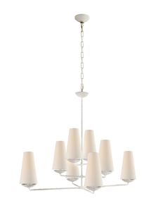 a white chandelier with six lamps hanging from it