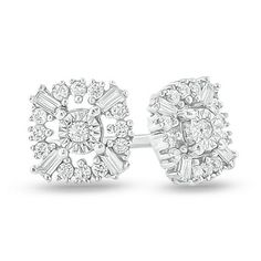 The perfect touch of shimmer, these diamond stud earrings lend an Art-Deco vibe to her look. Crafted in cool 10K white gold, each petite earring dazzles with a round diamond - artfully set to enhance size and sparkle - surrounded by a cushion-shaped frame of round and baguette-cut diamonds in a stylish pattern. Radiant with 1/10 ct. t.w. of diamonds and a brilliant buffed luster, these post earrings secure comfortably with friction backs. Diamond White Baguette Diamond Earrings Fine Jewelry, Diamond White Baguette Diamond Earrings For Fine Jewelry, White Baguette Diamond Round Earrings, Anniversary White Gold Baguette Diamond Earrings, Diamond White Baguette Diamond Earrings, Fine Jewelry Diamond White Earrings With Baguette Diamonds, White Gold Sterling Silver Baguette Diamond Earrings, Fine Jewelry Round Cut Baguette Diamond Earrings, Fine Jewelry Diamond Earrings With Baguette Diamonds