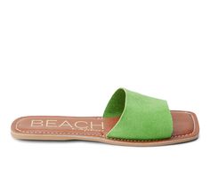 Suede upper, Slip on for easy entry,0.25\ flat heel, Open square toe, Lightly padded insole, Man Made outsole, Classic one-band slide design | Women's Beach by Matisse Bali Sandals in Green Size 6 Summer Vacation Mules With Square Toe, Summer Beach Mules With Square Toe, Square Toe Mules For Beach And Summer, Chic Beach Slides With Square Toe, Square Toe Synthetic Sandals For The Beach, Beach Sandals With Square Toe, Summer Slides With Cushioned Footbed And Single Toe Strap, Casual Beach Slides With Single Toe Strap, Casual Vacation Slides With Single Toe Strap