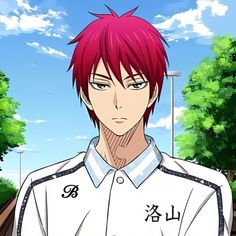 an anime character with red hair and white shirt looking at the camera while standing in front of trees