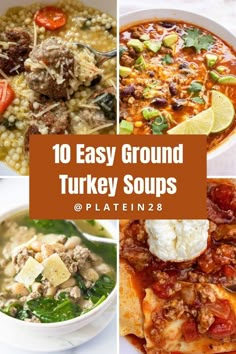 collage of four soups with ground turkey