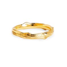 14k gold band with a hand carved texture resembling the delicacy and strength of a rose branch.