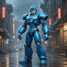 a blue robot standing on top of a wet street