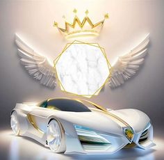 an artistic rendering of a futuristic car with wings and a crown on the top, against a gray background