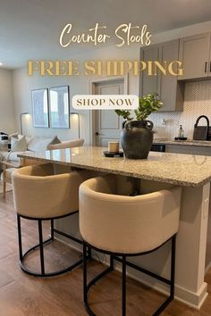 a kitchen island with three stools in front of it and the words counter stocks free shipping