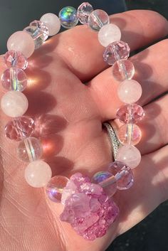 Rose quartz, angel aura and pink geode stretch crystal bracelet. Pink Crystal Bracelet With Natural Rose Quartz, Pink Rose Quartz Crystal Bracelet With Natural Stones, Pink Rose Quartz Stretch Bracelet With Natural Stones, Spiritual Rose Quartz Pink Bracelets, Pink Rose Quartz Natural Stone Stretch Bracelet, Pink Rose Quartz Spiritual Bracelet, Spiritual Pink Rose Quartz Bracelets, Spiritual Pink Rose Quartz Bracelet, Pink Crystal Bracelet With Gemstone Beads For Healing