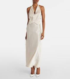 Bridal Estella open-back silk midi dress in white - Rixo | Mytheresa Elegant Halter Neck Bias Cut Midi Dress, Elegant Halter Neck Midi Dress With Bias Cut, Elegant Bias Cut Halter Neck Midi Dress, Silk Midi Slip Dress For Cocktail, Elegant Silk Halter Neck Slip Dress, Elegant Silk Halter Neck Midi Dress, Silk Slip Dress For Evening, Midi Length, Elegant Fitted Silk Daywear Dress, Elegant Fitted Silk Dress For Daywear