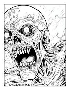 a black and white drawing of a zombie face