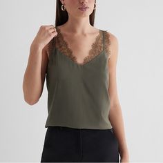 V-Neck Sleeveless; Adjustable Lace Spaghetti Straps Satin Fabric Straight Hem Polyester/Spandex V-neck Camisole With Delicate Straps For Night Out, Elegant Green V-neck Camisole, V-neck Top With Delicate Straps For Night Out, V-neck Tops With Delicate Straps For Night Out, Stretch V-neck Top With Delicate Straps, V-neck Tank Top With Delicate Straps For Night Out, Elegant V-neck Seamless Tank Top, Green V-neck Tank Top For Night Out, Party Top With Delicate Straps And V-neck