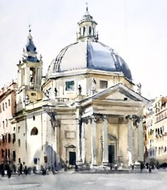 a painting of a building with a dome on top and people walking around in front