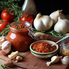 garlic, tomato sauce and garlic on a cutting board