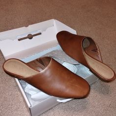 Soft Leather. Trendy Leather Mules With Almond Toe, Trendy Leather Almond Toe Mules, Spring Faux Leather Flat Mules, Casual Leather Mules Medium Width, Chic Everyday Synthetic Flats, Fall Synthetic Mules With Leather Sole, Trendy Synthetic Mules With Leather Footbed, Leather Open Toe Flats For Work, Chic Brown Synthetic Mules