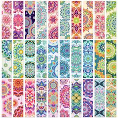 many different patterns and colors are shown in this image, including pink, blue, green,