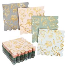 six different colored cards with gold foil flowers on them