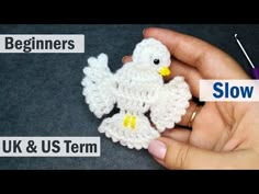 someone is holding a small crocheted bird with the words slow written below it