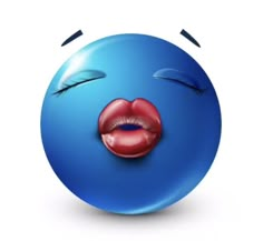 a blue ball with a red lip sticking out of it's mouth