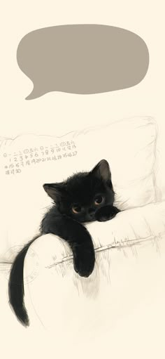 a black cat laying on top of a couch with a speech bubble above its head