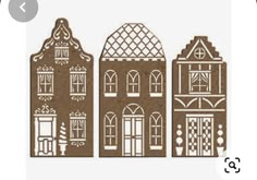 three gingerbread houses cut out from brown paper with white outlines on the front and back