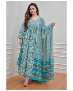 Blue Viscose Block Print A Line Suit Set with Chanderi Cotton Dupatta Turquoise Fabric, A Line Kurta, Dupatta Set, Set Style, Self Design, Kurta With Pants, Fabric Shop, Design Design