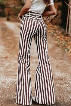 Retro Striped Print Flared Trousers – castellbus Retro Wide Leg Bottoms For Fall, Chic Brown Cotton Wide Leg Pants, Chic Brown Wide Leg Flare Jeans, Retro High-waist Cotton Bottoms, Casual Cotton Summer Flares, Retro High Waist Cotton Bottoms, Casual Cotton Flares For Summer, Trendy Spring Cotton Flares, Retro Cotton Flares For Fall