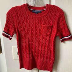 Brand New Without Tags Tommy Hilfiger Red Short Sleeve Knit Sweater. Never Worn. Purchased At Macy’s. Casual Short Sleeve Cable Knit Top, Casual Cable Knit Short Sleeve Top, Casual Short Sleeve Cable Knit Sweater, Casual Red Knitted Top, Winter Cable Knit Short Sleeve Sweater, Casual Red Textured Knit Sweater, Red Knit Crew Neck Top, Red Cable Knit Crew Neck Sweater, Trendy Textured Knit Red Tops