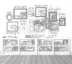 layered gallery wall layout with sizes and measurements Gallery Wall Dimensions, Long Artwork, Picture Displays