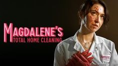 a woman in white shirt and red gloves holding her hands up to her face with the words madalene's total home cleaning on it