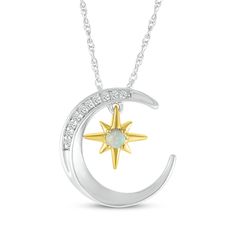 Speak to her whimsical side with this sparkling celestial moon and star necklace. Sterling silver Shimmering white lab-created sapphires partially line the crescent moon pendant A dangling 10K yellow gold star shines with a dreamy round-cut lab-created opal 18-inch rope chain with spring ring clasp White Diamond Celestial Jewelry, Celestial White Diamond Jewelry, White Celestial Diamond Jewelry, Silver Moon Necklace With Diamond Accents, White Diamond Celestial Necklace, White Diamond Celestial Necklaces, White Celestial Diamond Necklaces, White Moon-shaped Celestial Jewelry, White Moon Shaped Celestial Jewelry