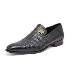 Mauri 4912 Monarch Men's Shoes Black Exotic Alligator Slip-On Loafers (MA5319)-AmbrogioShoes Alligator Dress Shoes, Black Alligator, Crocodile Shoes, Golden Logo, Mens Shoes Black, Mens Attire, Italian Shoes, Black 13, Leather Slippers