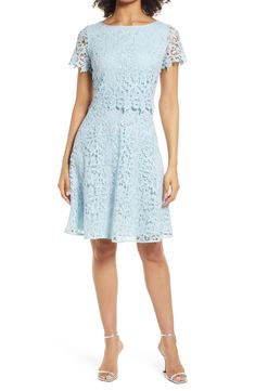 A popover bodice updates a richly embroidered dress in a classic fit-and-flare silhouette that's perfect for parties and events. 38" length Hidden back zip with hook-and-eye closure Jewel neck Short sleeves Lined 100% polyester Dry clean Imported Women's Clothing | Shani Popover Lace Fit & Flare Dress Elegant A-line Mini Dress With Floral Embroidery, Evening Fit And Flare Scalloped Lace Dress, Evening Fit And Flare Dress With Scalloped Lace, Scalloped Lace Fit And Flare Party Dress, Fitted A-line Lace Dress For Wedding Guest, Scalloped Lace A-line Dress For Wedding Guest, Fitted Lace Dress For Spring, Lace Fit And Flare Formal Dress, Formal Lace Fit And Flare Dress