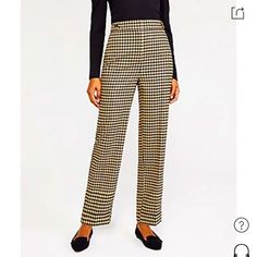 Classic Houndstooth Pattern In Black And A Golden Tan On A Straight Leg Trouser. High Waist With Decorative Button Detailing At Side Hipbone Area. Hook, Button, And Zipper Close. Cuffed Leg Hem. Faux Back Pocket. Tailored Houndstooth Bottoms For Fall, Fitted Houndstooth Pants For Fall, Fitted Houndstooth Bottoms For Workwear, Fall Business Casual Houndstooth Bottoms, Fitted Houndstooth Pants For Work, Fall Gingham Trousers, Black Houndstooth Office Pants, Black Houndstooth Pants For Office, Fall Houndstooth Pants For Workwear