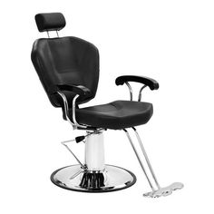 a black and white barber chair with chrome trimmings on the backrest, in front of a white background