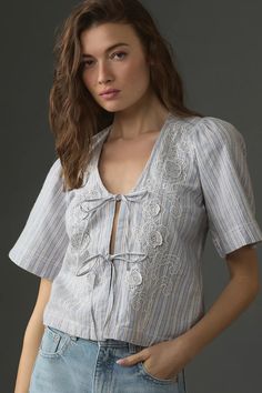 Pilcro Short-Sleeve Boxy Tie-Front Top | Anthropologie (US) Head And Shoulders, Head & Shoulders, Cute Tops, Anthropologie