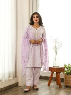 Anokhi - Lavender Mirror Embroidered Cotton Kurta Set (Set of 3) By Gulabo Jaipur now available at Trendroots Gulabo Jaipur, Lilac Gradient, Kurta And Dupatta, Cotton Kurta Set, Lavender Cotton, Reception Bride, Party Reception, Cotton Salwar Kameez, Simple Kurta Designs