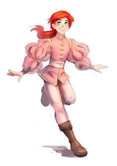 a drawing of a woman in pink with long red hair and brown boots, standing on one leg