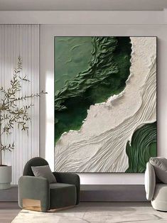 3D Green and White Abstract Canvas Painting Green and White Textured Abstract Art Textured Wall Art Large Textured Canvas, Wabi Sabi Art Painting, Ocean Wave Painting, Minimalist Artist, Wabi Sabi Art, Green Ocean, Wave Painting, Textured Canvas