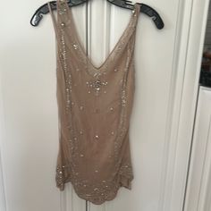 Gorgeous Like New Taupe Sequined Sleeveless Top. Designer Is Basix Ii -100%Silk-Size 12 With Matching Silk Camisole Zipper On The Side-All Jewels In Place-Worn Once Silk Camisole With Built-in Bra And Spaghetti Straps, Silk Cami Tank Top With Built-in Bra, Silk Camisole With Built-in Bra, Embellished Silk V-neck Top, Party Embellished V-neck Tank Top, Silk Camisole, Sequin Top, Size 12, Sleeveless Top