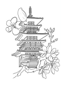 a drawing of a pagoda with flowers in the foreground and a bird flying over it