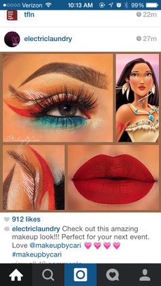 Pochahontas Makeup! Pocahontas Makeup, Carnaval Make-up, Disney Eye Makeup, Amazing Makeup Transformation, Disney Inspired Makeup, Disney Princess Makeup, Disney Eyes, Fantasy Make-up, Princess Makeup