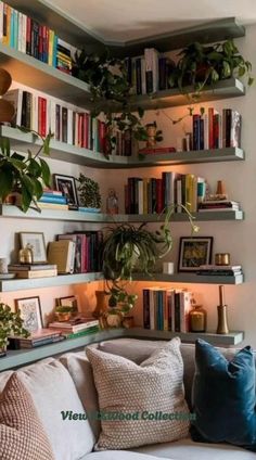 Elevate your space with this stylish wall shelf! Perfect for displaying plants, books, or decor, its sleek design adds a modern touch to any room. Ideal for maximizing storage and style! Corner Plants Living Room, Large Bedroom Corner Ideas, Corner Wall Mounted Bookshelves, Diy Corner Bookshelf Living Room, Corner Floating Shelves Dining Room, L Shaped Wall Shelves, Office Corner Shelving Ideas, Cabinets For Small Living Room, Corner Shelves Wall